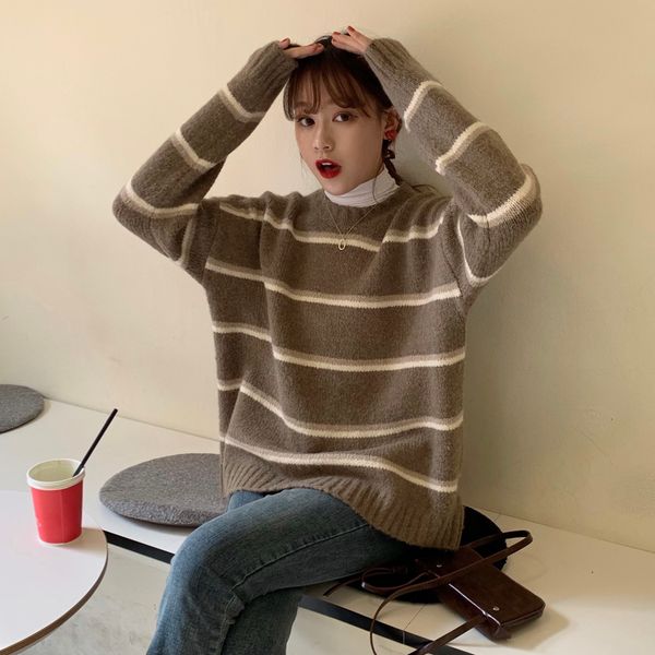 

2 цвета 2019 осень и зима корейский стиль полосы цвет патч потерять теплый вязаный свитер womens свитера и пуловеры (c9381, White;black