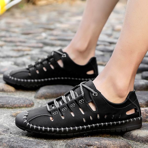 

men's summer casual leather sandals breathable tide outdoor beach shoes, Black