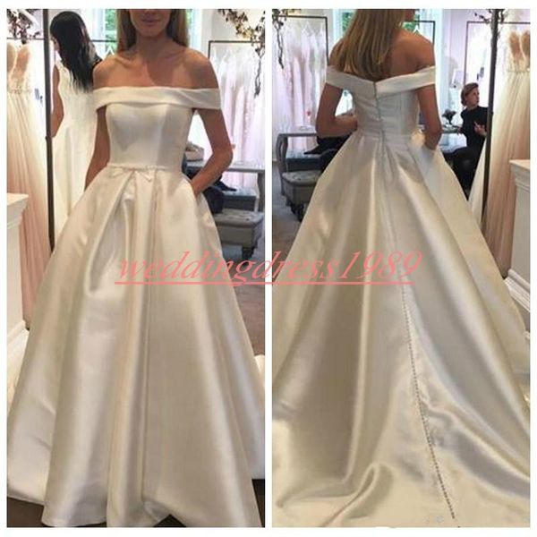 Einfacher Stil Plus Size Satin Brautkleider Bateau-Ausschnitt A-Linie Günstige Kirche Arabisch Zug Vestido de Novia Benutzerdefinierte formelle Brautkleid Braut