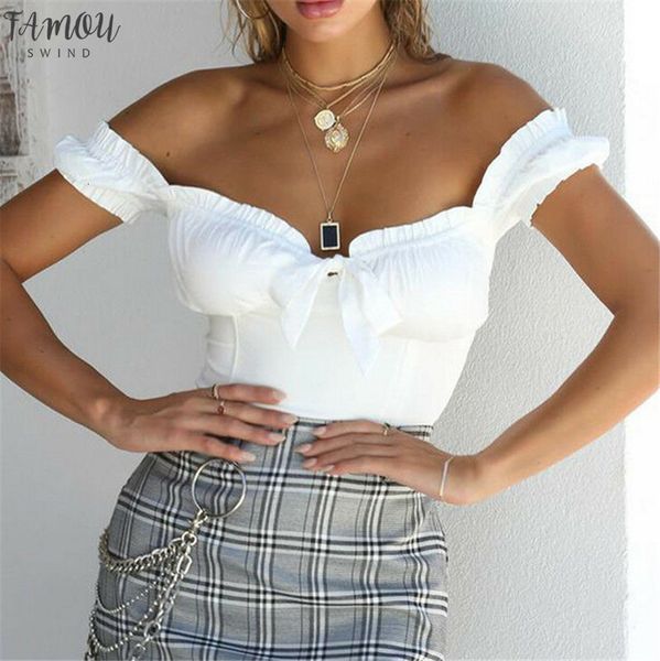 

off плеча женщин crop top футболки лето дамы с коротким рукавом рябить bow knot узелок пуловеры high street femme одежда, White
