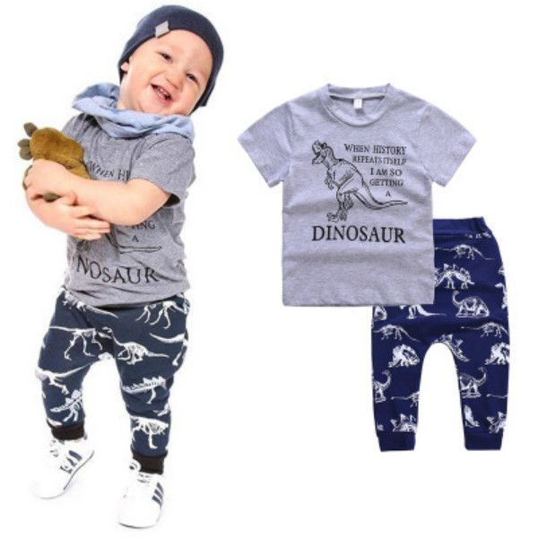 

boys two-pieces children designer cartoon dinosaur sets kids short-sleeved t-shirt + trousers kids new suits casual outdoorwear sale, White