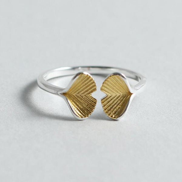 

fashion trendy real 925 sterling silver open rings for women statement korean enamel ginkgo adjustable ring accessories, Golden;silver
