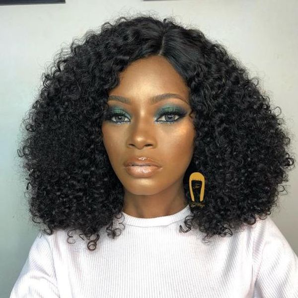 New Shoulder Length Short Bob Kinky Curly Little Lace Front Wig 8a