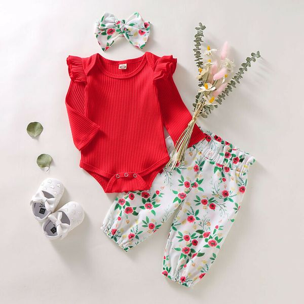 

toddler infant baby girls kids long sleeve pants 3pcs outfits set clothes, White