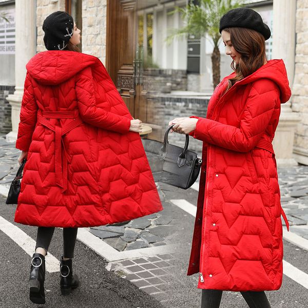 

2019 winter new style belt long europe and america fashion straight long over-the-knee down jacket cotton-padded clothes clothin, Blue;black