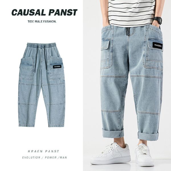 

multi-карманные джинсы брюки мужчины street denim брюки для мужчин плюс размер сыпучие ковбой моды брюки cargo днища мужской омывается брюк, Blue