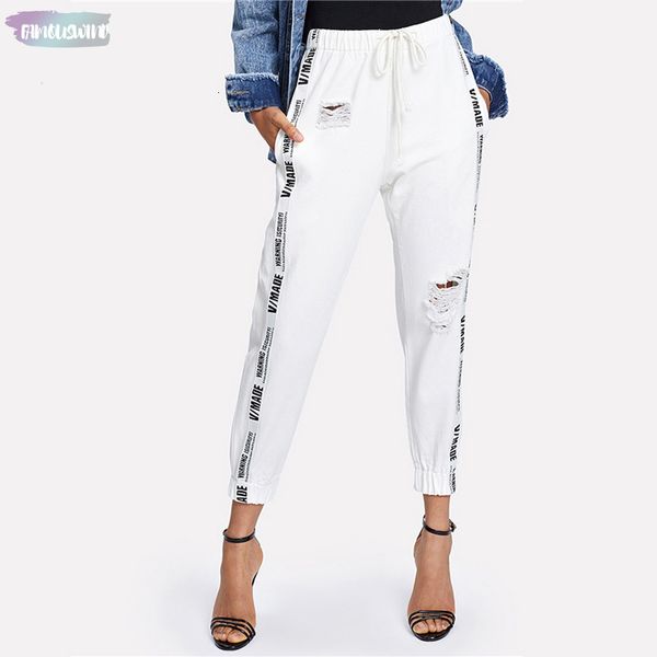 

letter ripped drawstring джинсовые джинсы лето осень женщины бежевый середина талии обычные женские случайные ленты длинные штаны, Blue