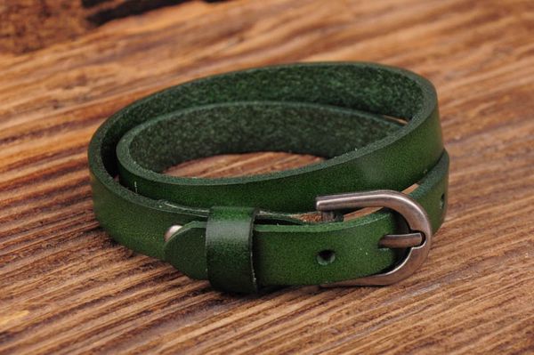 

g557 green biker rock classic double wrap leather cowhide buckle bracelet cuff new, White