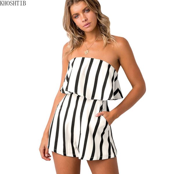 

khoshtib women's jumpsuit summer new tube striped print casual jumpsuit fashion casual female, Black;white