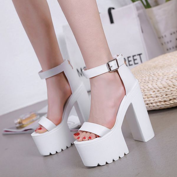 

2020 new summer shoes women white open toe button belt thick heel wedges platform shoes fashionable casual sandals female 16cm, Black