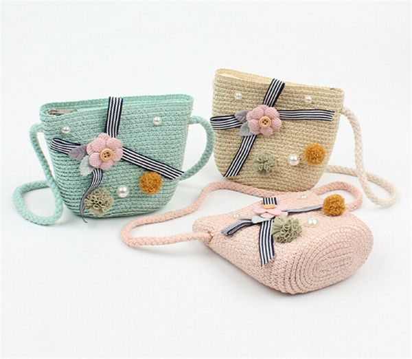 

cute children baby straw beach bag cute messenger bag kids coin purse beige pink white