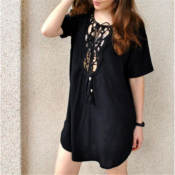 

women short sleeve loose mini dress ladies summer shirt solid casual v-neck holiday beach dress sundress, Black;gray