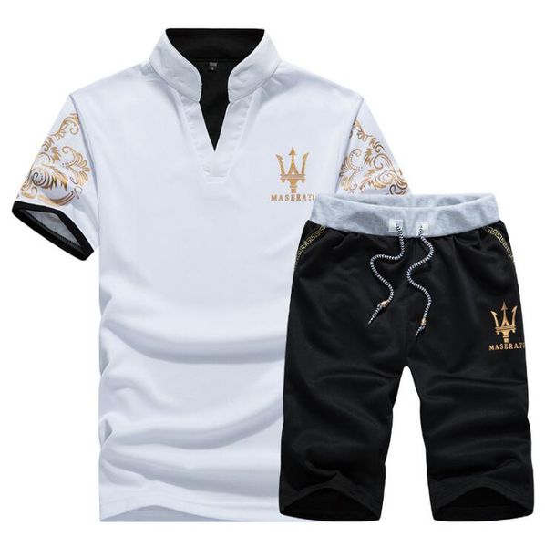 

summer mens tracksuit maserati printed men stall collar v-neck short sleeves pullover with casual jogger pants suits homme sportsuit, Gray