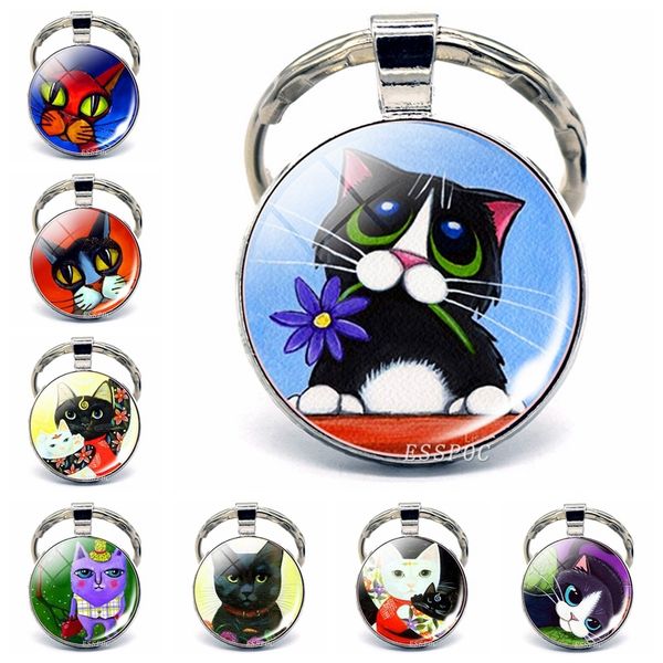 

cute cat keychain cartoon cat picture glass cabochon pendant tibetan metal key chain handcraft gift for children, Silver