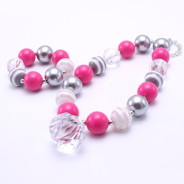 Hot Pink + Cinza Cor Chunky NecklaceBracelet Set pingente de moda Beads Crianças menina Bubblegum Colar Bead Chunky Set Jóias