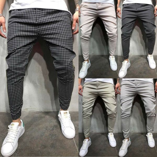 

2020 high waist spring summer fashion pocket men's slim fit plaid straight leg trousers casual pencil jogger casual pants, Black