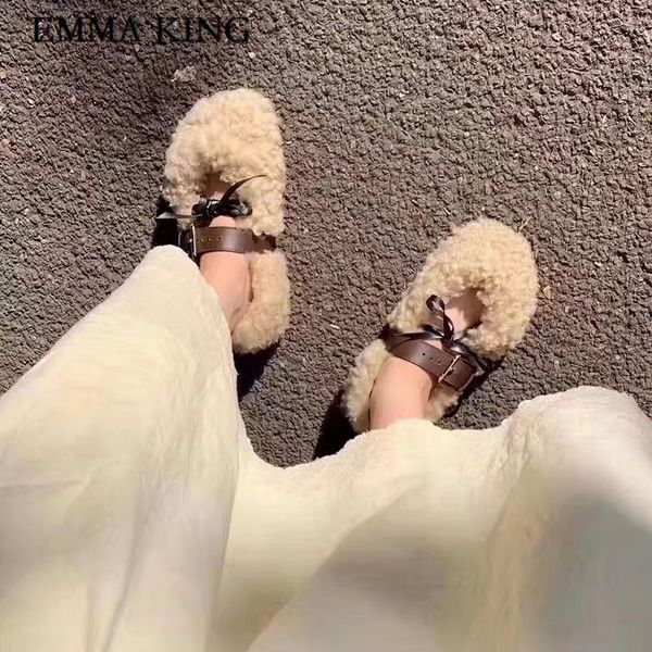 

2019 women fur warm leather loafers bow buckled lamb hair ballet shoes autumn winter women warm slippers funny casual flats, Black