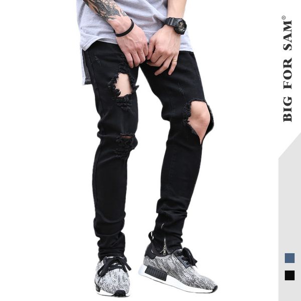 

american popular logo new men's jeans stretch vents of cultivate morality ankle chain hole in men's jeans pencil pants, Blue