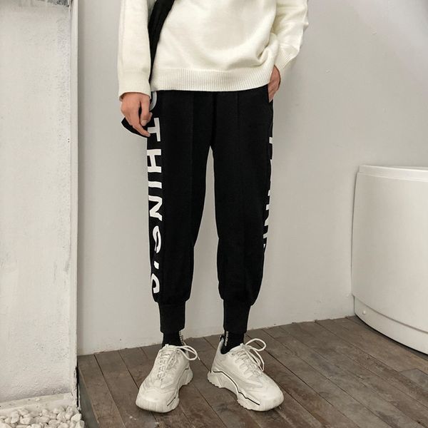 

mens fashion letters print sports ankle-length trousers plush warmed long pants track pants joggers elastic waist side sweat, Black