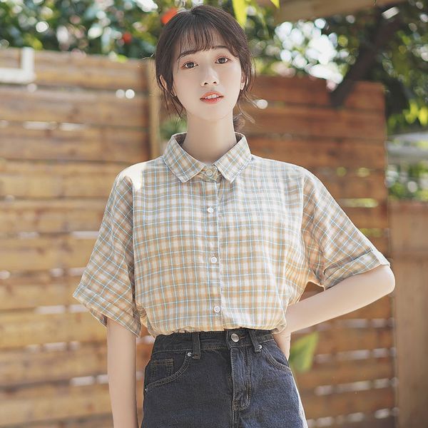 

summer 2020 new style literary checker shirt women colour checker shirt student slim short sleeve, White