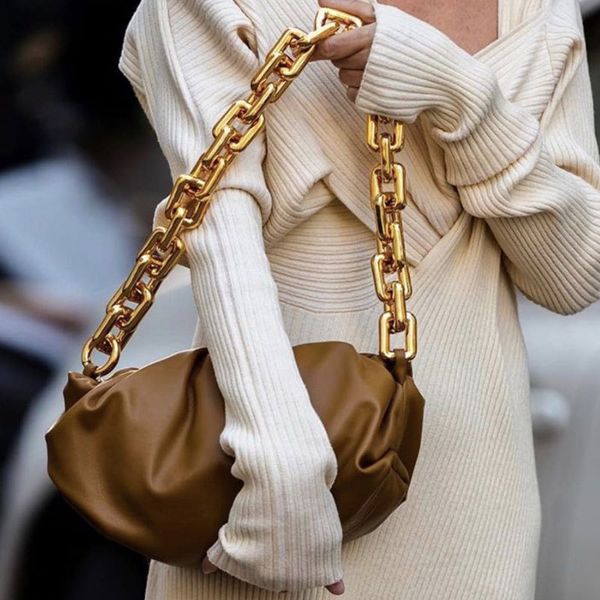 

soft pu leather pleated shoulder bag women 2020 thick metal chain clip handbag female purse fashion