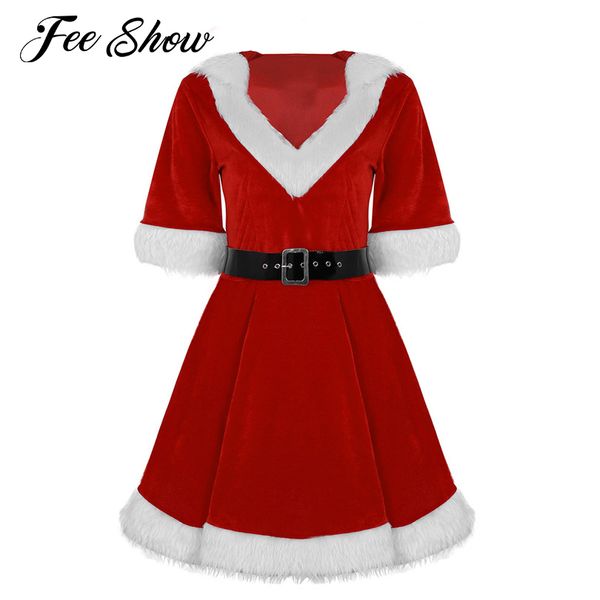 

women velvet v neck hooded christmas dress winter santa mrs claus costume fancy dress cosplay costume party with belt, Silver