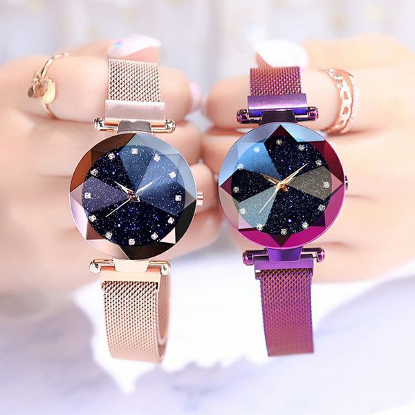 

luxury starry sky stainless steel mesh bracelet wrist watches for women crystal analog quartz watch ladies sports dress clock, Slivery;brown