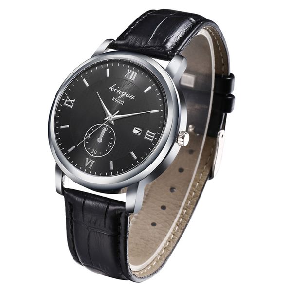 

business dark dial watch men leather band women watches hour clock wrist watches clock date quartz watch, Slivery;brown