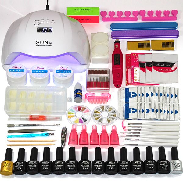 

12 colors gel manicure set choose polish base coat nail kits 36w/48w/54w uv led lamp electric manicure handle nail art tool