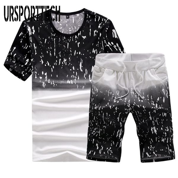 

summer mens sets short sleeve print tracksuit men sportswear casual 2 pieces set t-shirt+shorts male clothes slim sports suits, Gray