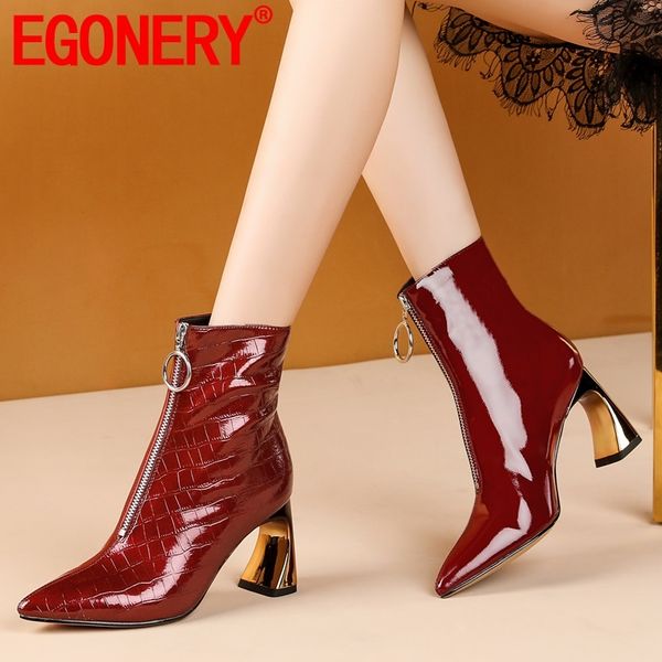 

egonery winter new fashion ankle boots outside high heels pointed toe zip genuine leather plus size women shoes drop shipping, Black