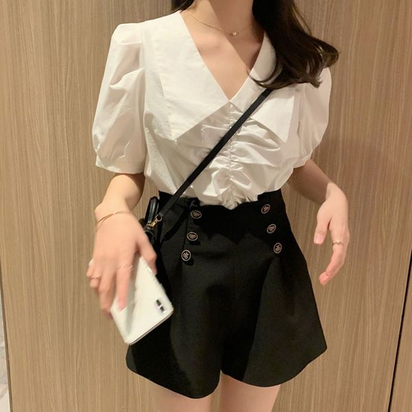 

women v-neck blouses summer girls casual shirts fashion puff sleeve blouses, White