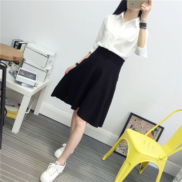 

2019 new women knitted skirt a-line pleated skirt female jupe saia autumn winter solid high waist midi skirts, Black