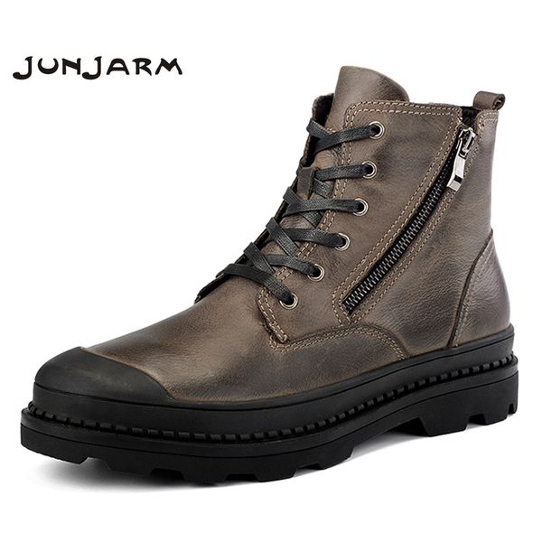 

junjarm 100% genuine leather motocycle boots mens winter shoes men ankle boots warm men snow big size 38-47, Black