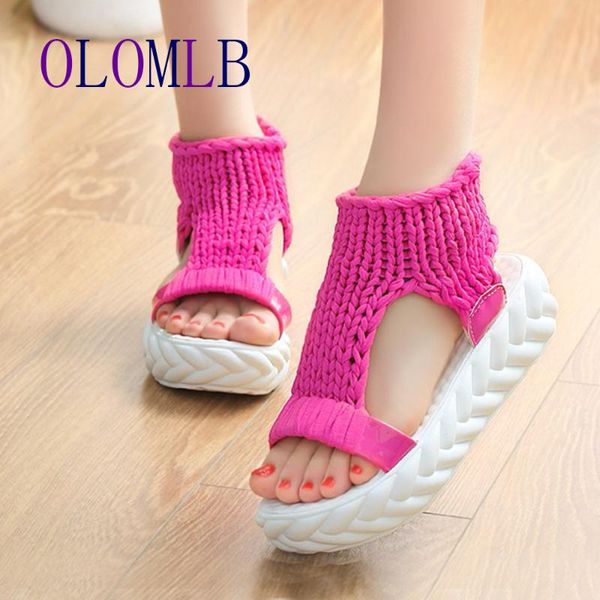 

удобные повседневные шерстяные женские летние сандалии вязаные туфли на платформе конфеты цвет клинья сандалии для женщин летние туфли на вы, Black