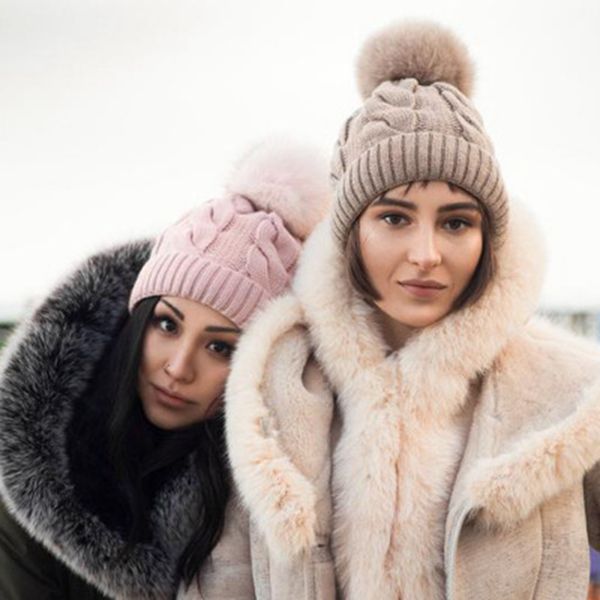 

thickened wool outdoor warm cap in autumn and winter warming and furring double-layer knitting cap wool large wool ball cap zza1185, Blue;gray
