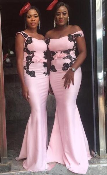 

2020 new african pink off shoulder bridesmaid dresses mermaid long with black lace appliques bow satin sweep train wedding guest gowns, White;pink