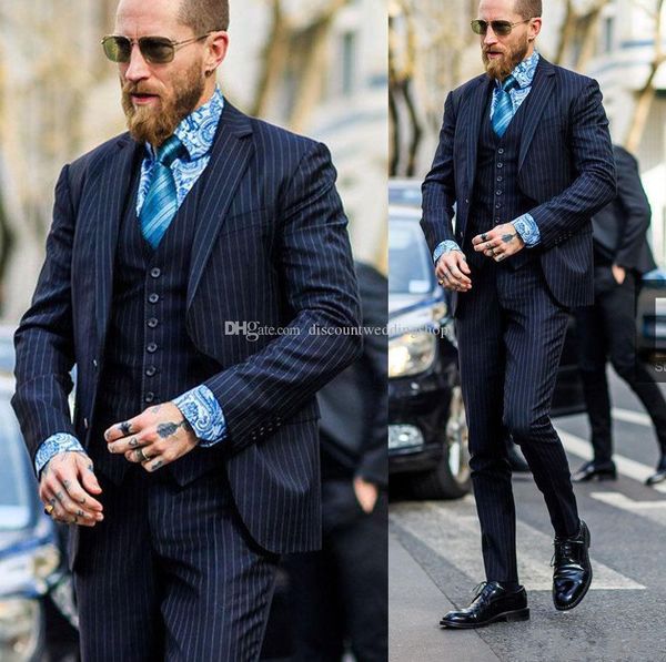 Slim Fit alla moda Strisce blu navy Smoking dello sposo Uomo Abito da ballo per la festa nuziale 3 pezzi Abiti da lavoro (giacca + pantaloni + gilet + cravatta) K206