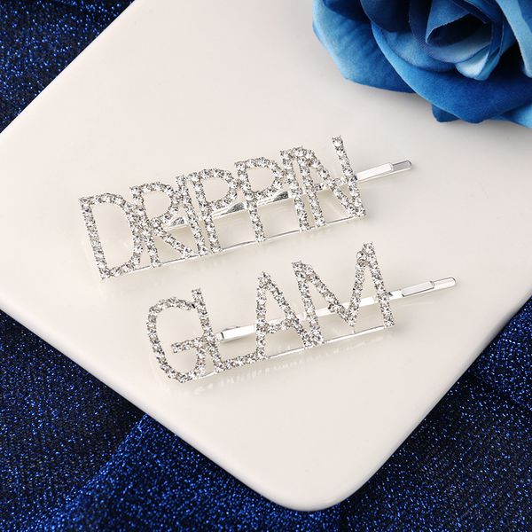 

2019 fashion crystal hairpin for women girls shiny rhinestones glam drippin letters hair clips hair styling accessories