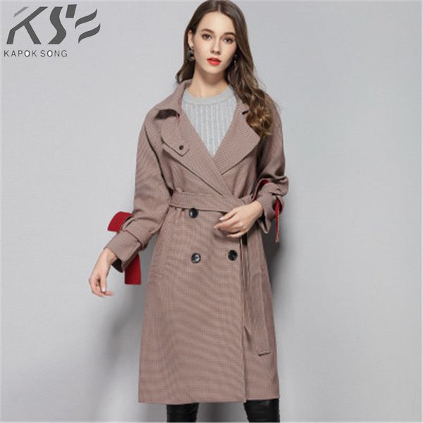 

2018 autumn new windbreaker female windbreaker long thousand bird coat coat, Tan;black