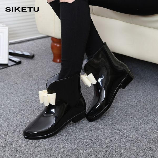 

women flower bowtie spring ankle boot winter rain boots female waterproof solid rubber platform baby rain shoes ladies footwear, Black
