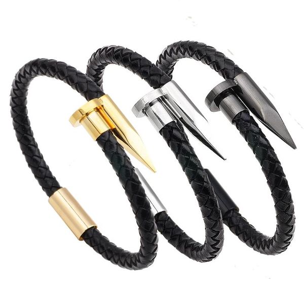 

fashion design men's nail bracelet gold silver black leather making stainless steel bracelet jewelry adjustable size