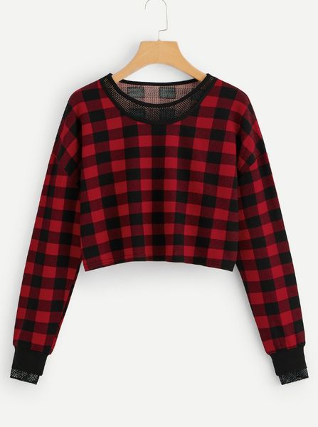 

новый с длинными рукавами шить сетки клетчатый свитер женский пуловер топ, Black