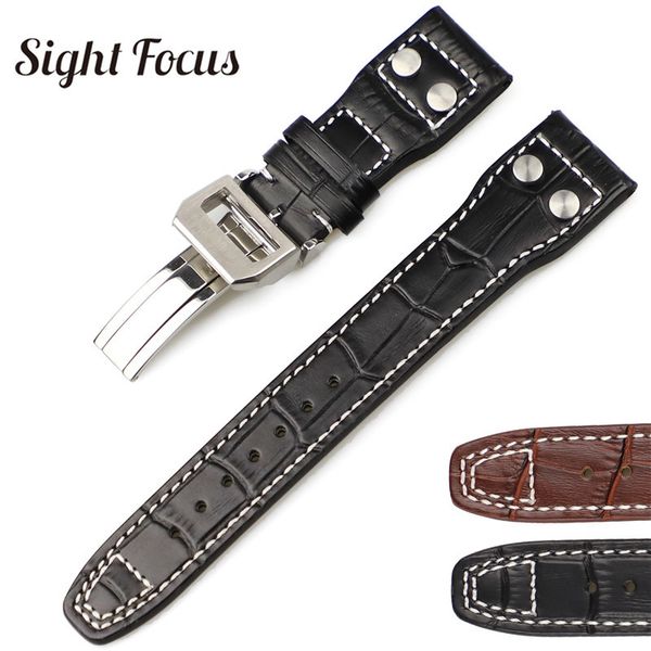 

22mm studded genuine leather strap for mark 17 watches folding buckle croc grain with nail watches bands accessories, Black;brown