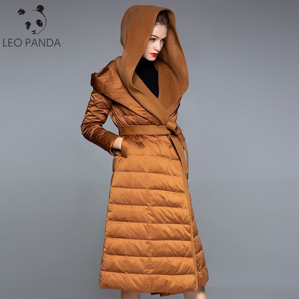 

white duck down jacket female high street long hooded belt full sleeve cashmere streetwear fashion down jackets women parka coat, Black