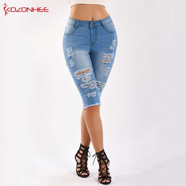 

skinny stretch hole jeans with mid waist for women ripped knee length pencil jeans pants for female #04, Blue
