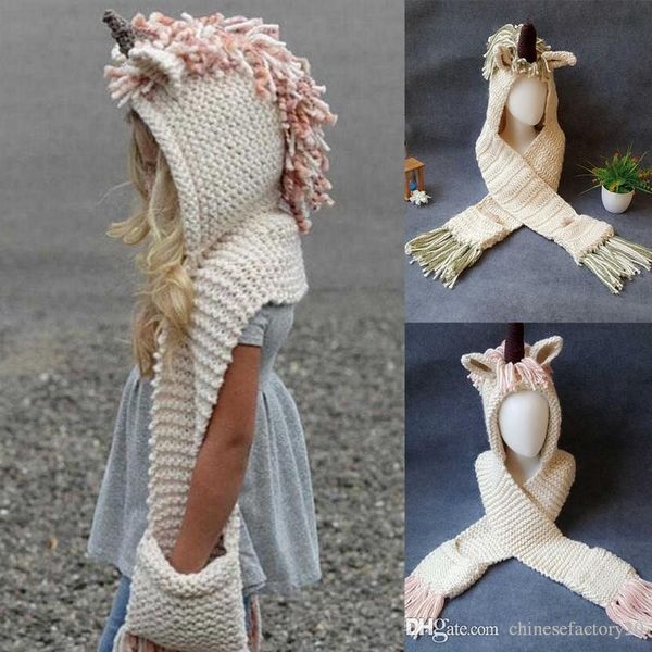 

детские девочки мультфильм теплые шапки дети единорог вязаные шапки шарф кисточки малыш милые длинные оберточные колпачки, Yellow