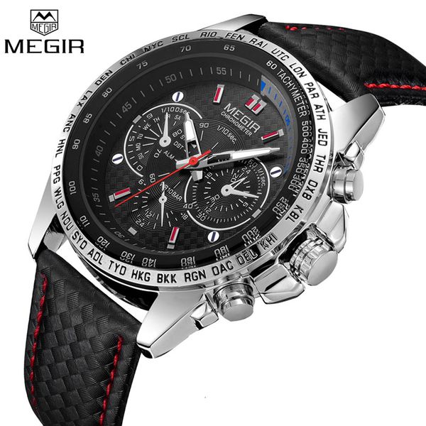 

luxury megir men watch brand wristwatch military sport army leather strap classic quartz male clock relogio masculino 1010, Slivery;brown