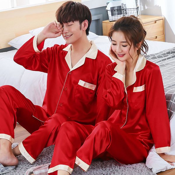 

men's sleepwear clearance] spring, summer and autumn red men women's simulated silk pajamas, wedding long sleeve home clothes, Black;brown