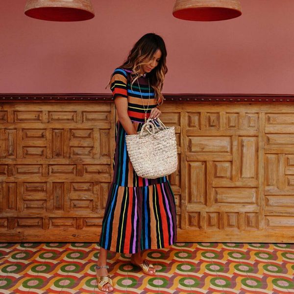 

лето 2019 женщины повседневная радуга полосатая с коротким рукавом boho цветочные печати maxi платье водолазку бинты элегантный длинные сыпу, Black;gray